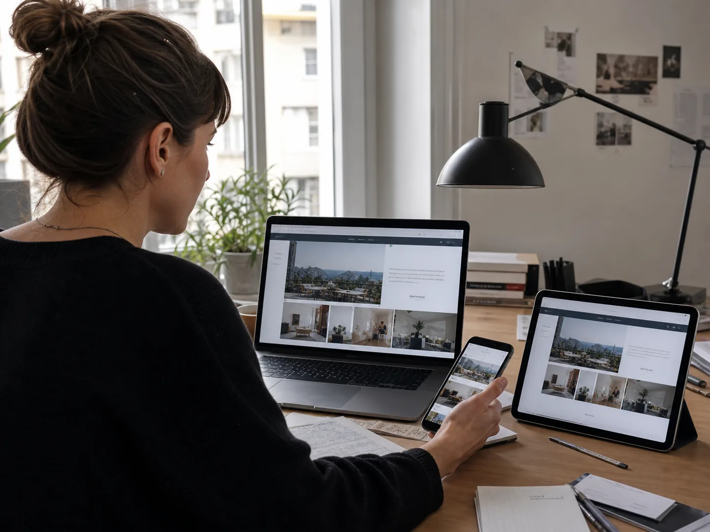 Designer testet eine echte Website auf Computer, Tablet und Mobilgerät
