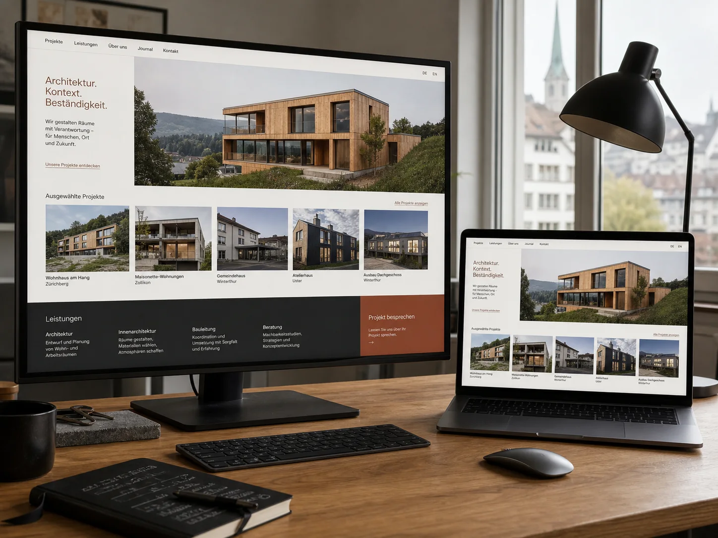 Vollständige Website eines Schweizer Architekturbüros auf Computer und Laptop