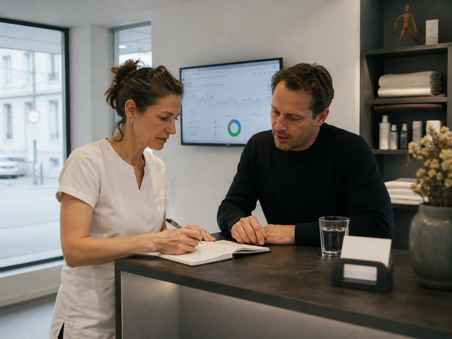 Propietaria de una clínica revisando consultas recibidas